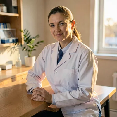 Practitioner portrait of an embryology technician in a clean coat at a quiet ben