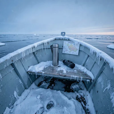Arctic conditions photograph, extreme cold environment, The inside of a small bo