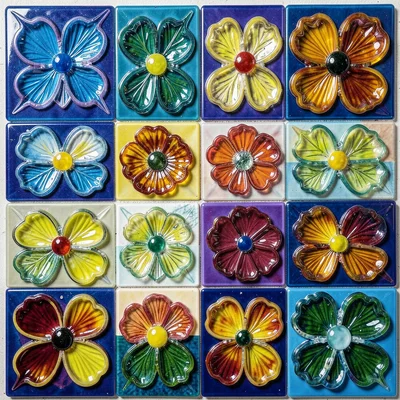 Millefiori tile detail — architectural tile with flower cane sections in formal 