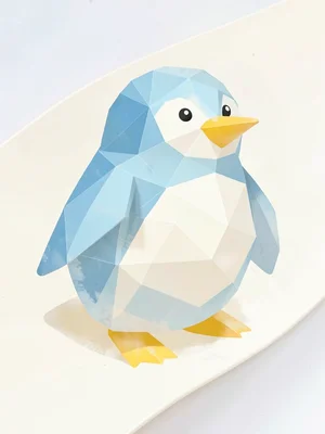 Waddling sky-blue lowpoly penguin with cream belly facets and a butter-yellow be