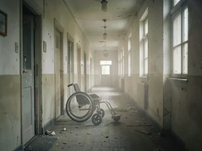 Abandoned sanatorium hallway with wheelchair left mid-corridor, long exposure le