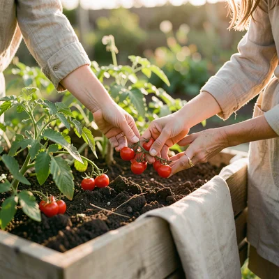 Hands reaching into a raised garden bed to pick cherry tomatoes, warm afternoon 