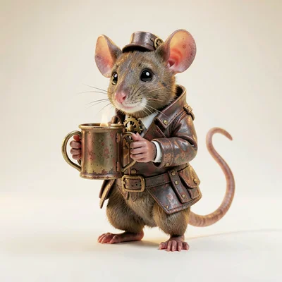 Whimsical illustration of a tiny barkeep mouse polishing a glass mug