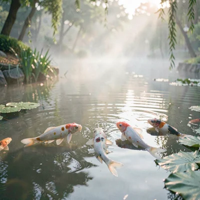 Atmospheric photo of a koi pond at dawn, mist hanging over still water, three pa