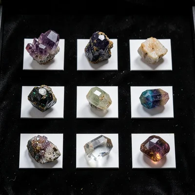 Nine Mineral Specimens Grid Museum Documentation