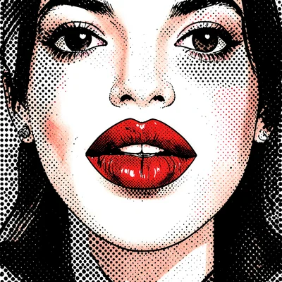 Halftone dot illustration, lips with red lipstick , Ben-Day dots, pop art aesthe