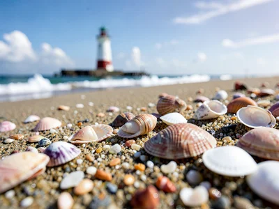 Beach shells sharp to distant lighthouse