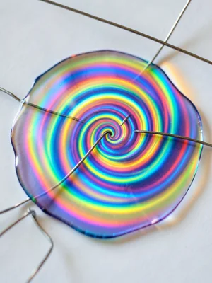 Soap film on a spiral wire form, helical membrane with colors following the twis