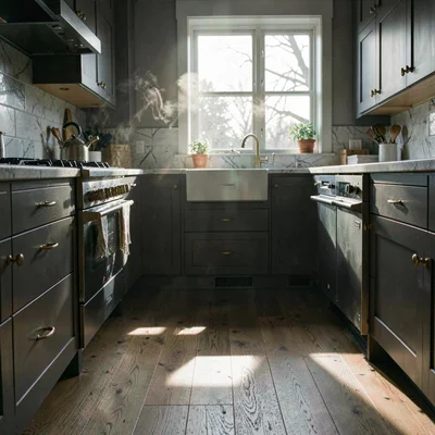 Atmospheric morning of a finished kitchen with a kettle steaming and sun raking 