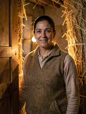 Lamp-lit portrait of an eco-village member at a strawbale-house door, warm tungs