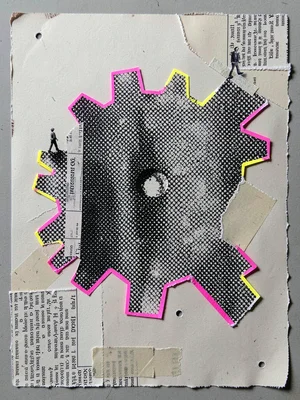 Cut-paper composition of a small figure standing on the edge of a giant halftone