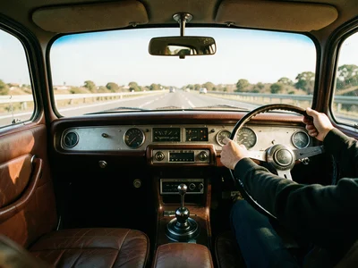 A vintage car interior from the passenger seat, leather and chrome details, the 