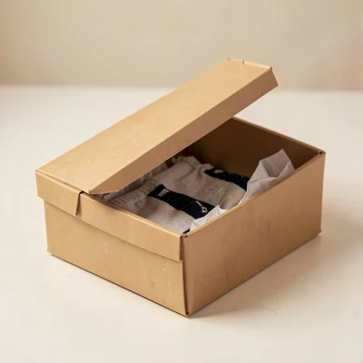 Lightbox three-quarter shot of a folded gift box of socks (lid askew) showing fo