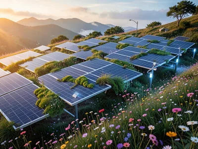 Solar panel array on a hillside covered in wildflowers growing between the panel