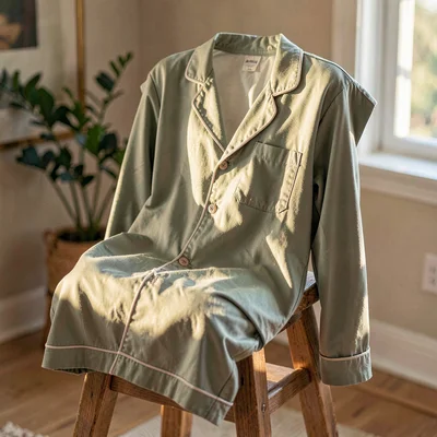 Warm garment portrait of a long-sleeve pajama set in faded sage cotton sateen, d