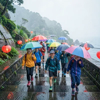 Jiufen rain beauty, wet mountain coastal, School children with colorful umbrella