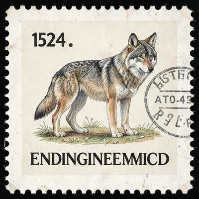 Postage stamp illustration, Endangered species wolf , tiny perfect composition, 