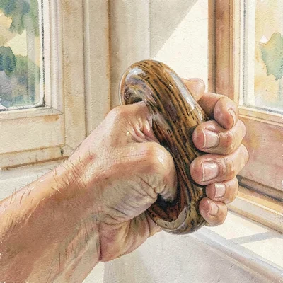 Tight warm closeup of a hand gripping the polished ash D-handle, butter window l