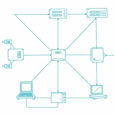 Schematic of a network topology diagram with switches, routers, and terminals, w