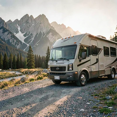 Atmospheric shot of an RV pulling into a gravel turnout with mountains looming b