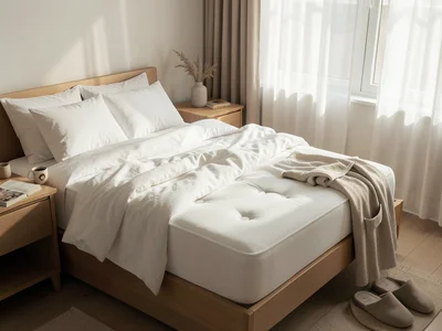 A Sunday morning bedroom — unmade bed with white linen sheets pulled back showin