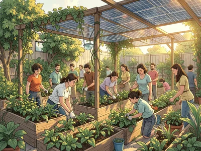 Rooftop community garden — raised beds, solar pergola, people of all ages tendin