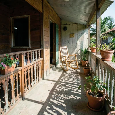 Documentary photograph with Jamaican yard aesthetic, Veranda of a wooden house w