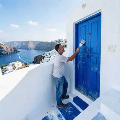 Sidi Bou Said cobalt-white, cliff-top absolute palette, Man painting wooden door