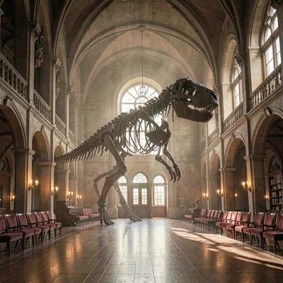 atmospheric grand hall with a towering dinosaur skeleton silhouette