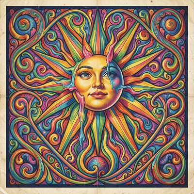 Psychedelic poster illustration, the sun with a face melting into rays , vibrati