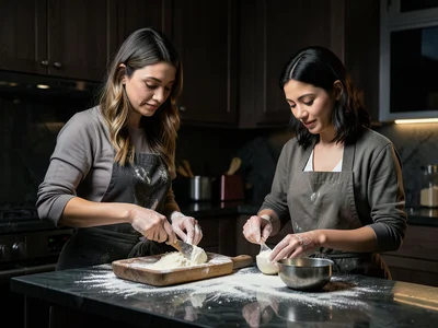 Mother and teenage daughter cooking together in kitchen, flour on hands