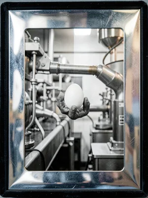 An industrial robot arm delicately holding a single egg between rubber-tipped fi