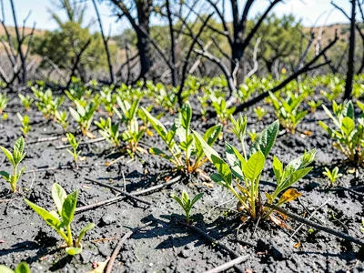 Contrast of ash gray soil with vivid regrowth