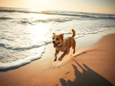 Candid photography, a joyful dog running along the shoreline on a sunny beach, sand kicking up under its paws, ocean wav
