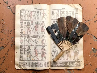 Obsidian blade and feather fan arranged as flat-lay on terracotta surface