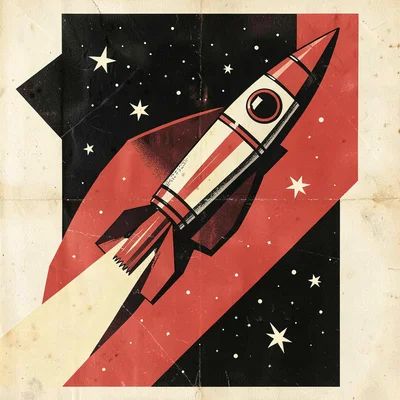 Soviet constructivist poster illustration, a rocket launching toward the stars a
