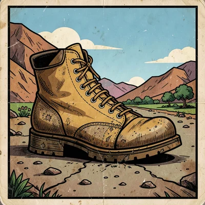 Mexican lotería card illustration, a boot worn and dusty from the road , bold bl
