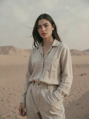 Model in neutral linen against desert