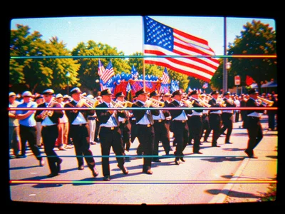 A paused home video of a Fourth of July parade, marching band members frozen mid