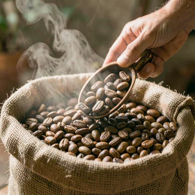 Intimate warm-toned photograph, Close-up of raw Ethiopian green coffee beans fil