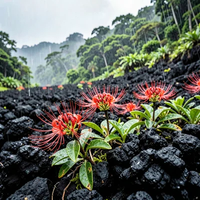 Stark black volcanic surfaces against verdant green, Red ohia lehua flowers bloo