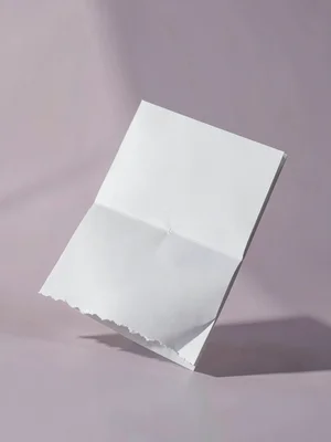 Pristine quad-fold pamphlet hovering against a powder-sage gradient, crisp folds