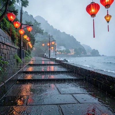 Jiufen rain beauty, wet mountain coastal, Red paper lanterns reflected in rain-w