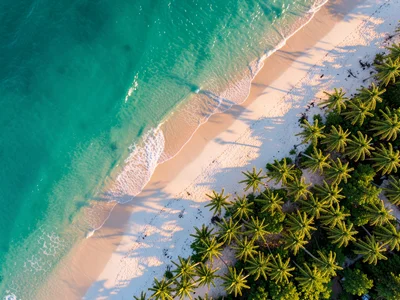 A beach from above: the line where turquoise ocean meets white sand meets green 