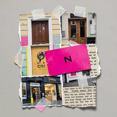 Stacked photographic cutouts of doorways, logos, and storefronts pinned together