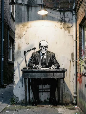 Skeleton in a suit at a desk, stencilled on a wall in alley, single lamp above c