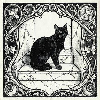 A black cat on marble steps