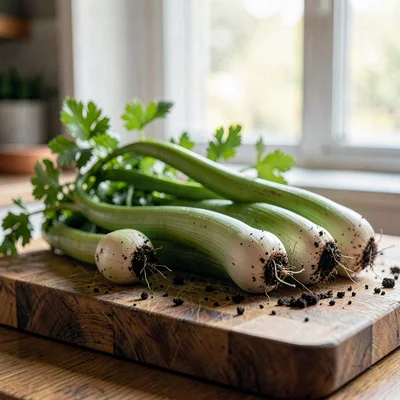 Bunch of green garlic and ramps lying across a butcher block, pinprick of soil s