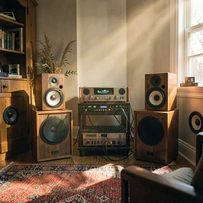 Slow-light photograph of a song-listening room with vintage speakers, soft amber