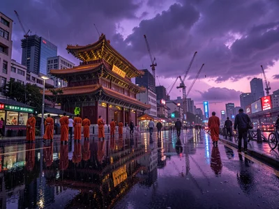 Jing an Temple with construction cranes